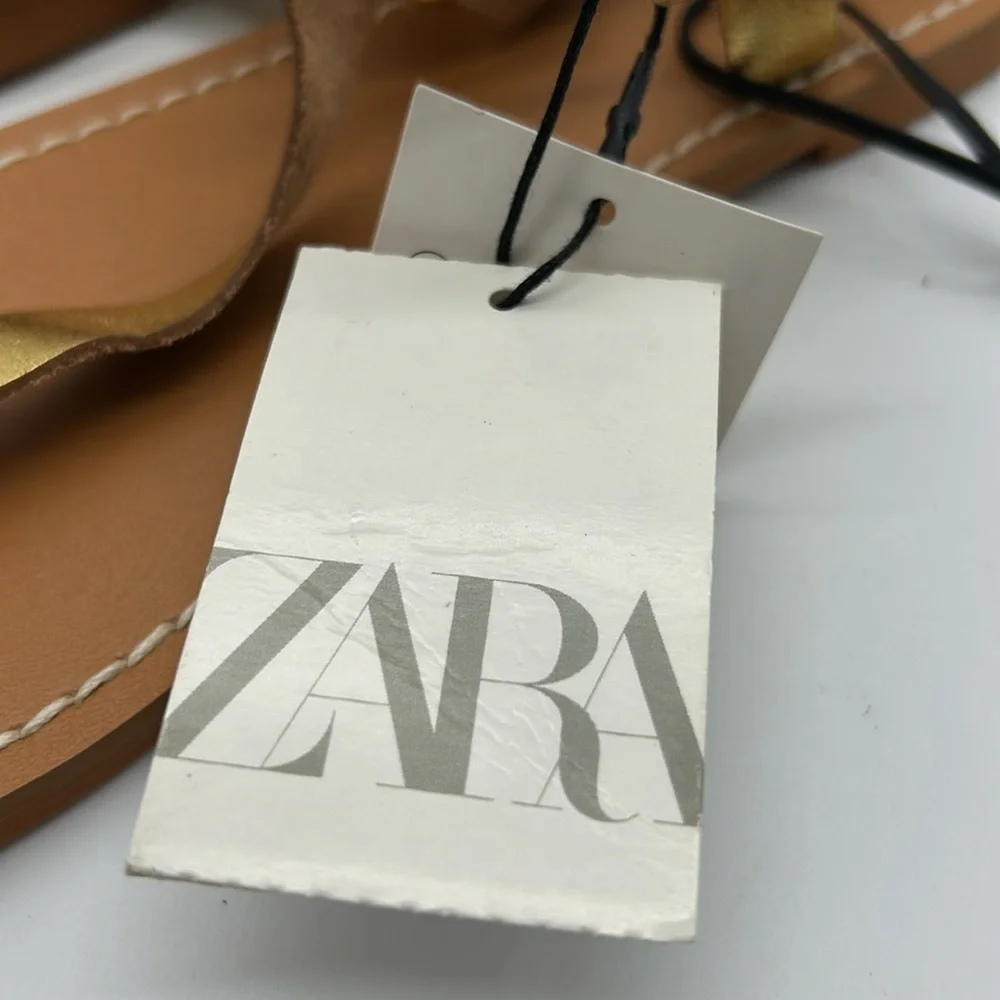 ZARA Gold Leather Thong Flat Sandals | Size 7.5 | Made in India NWT - Picture 11 of 11